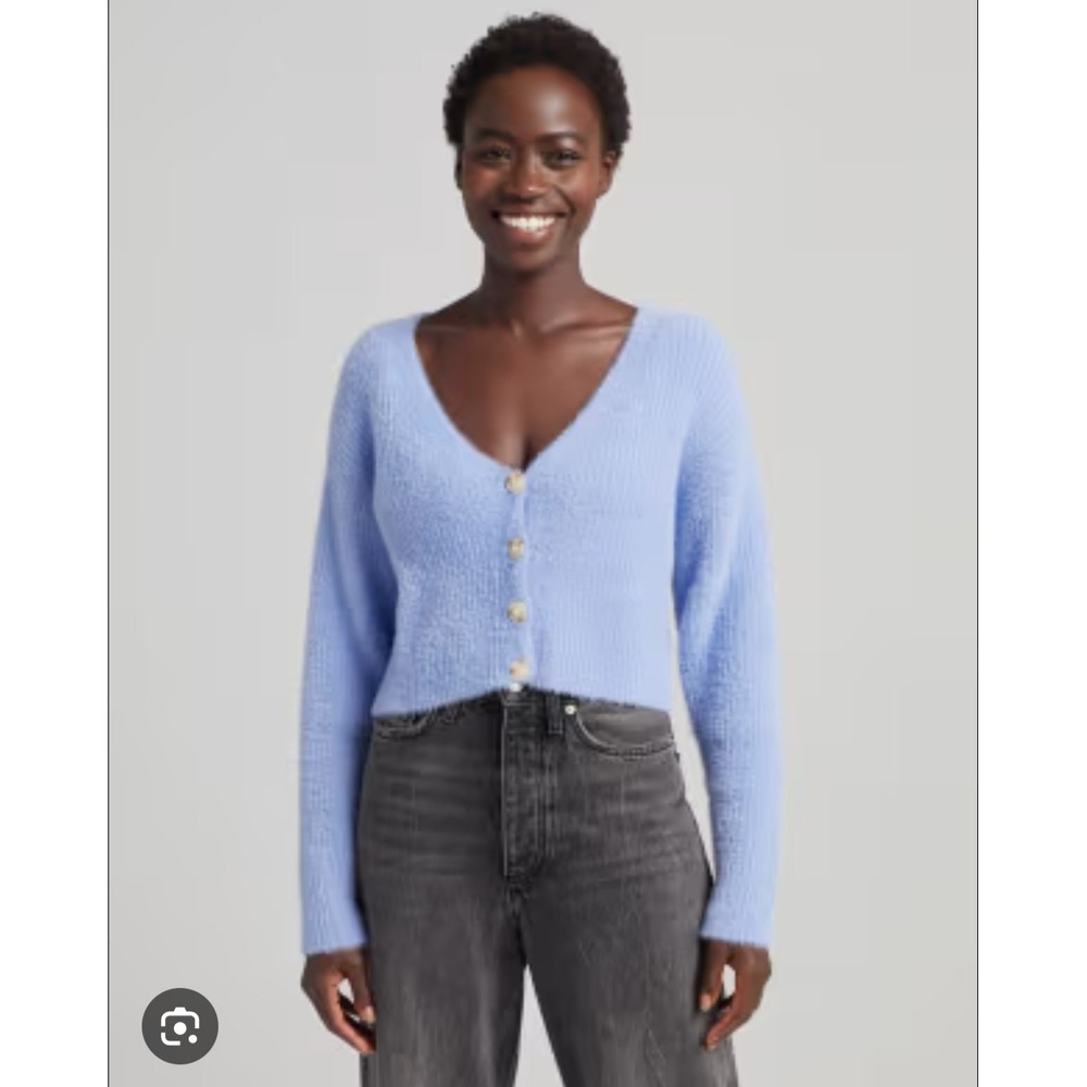 Bershka Sweater Womens Medium Blue Fuzzy Cropped‎ Button Cardigan Soft Cozy Knit